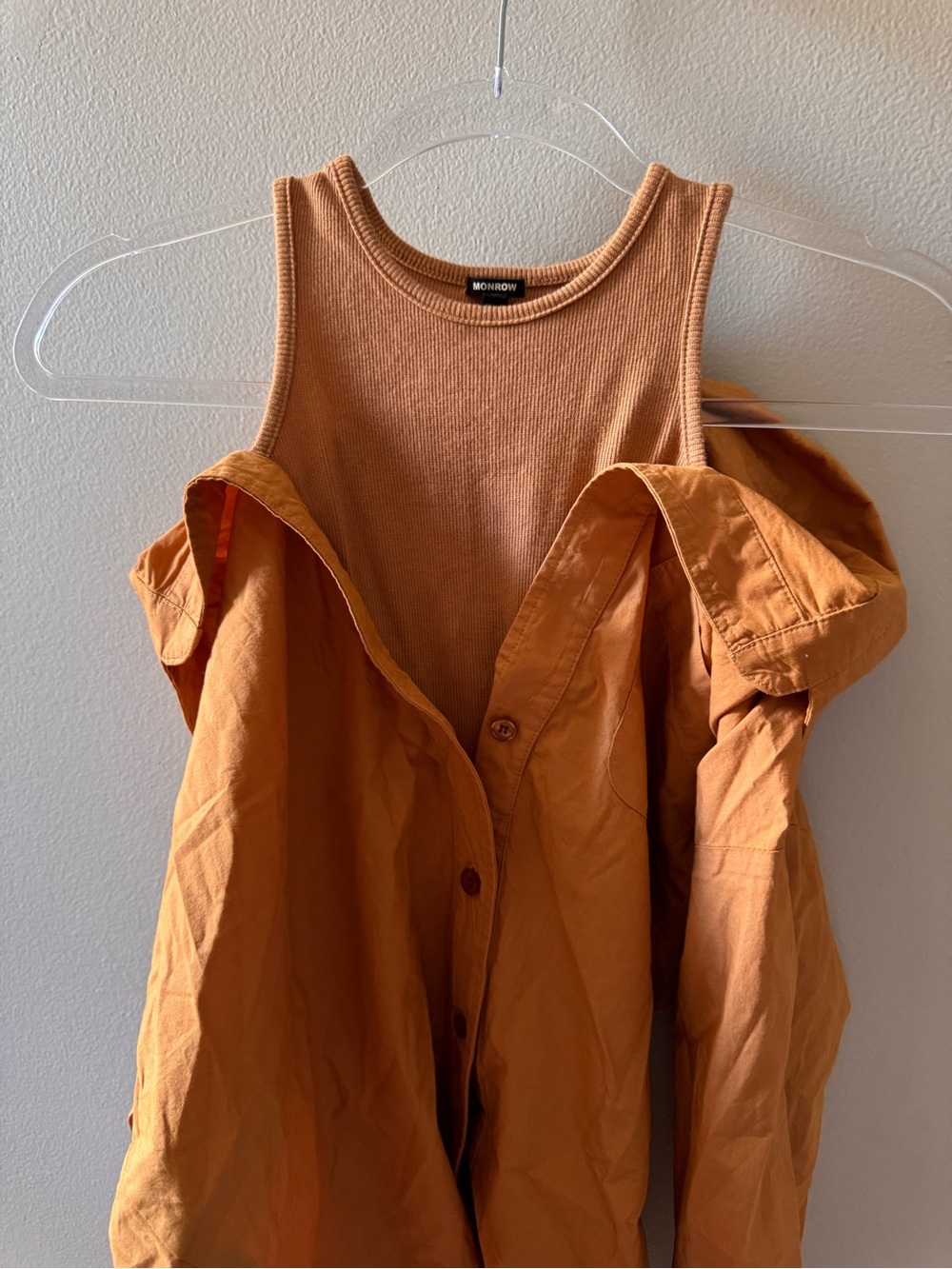 MONROW Organic Cotton Poplin Tank Shirt Button Down Warm Rust